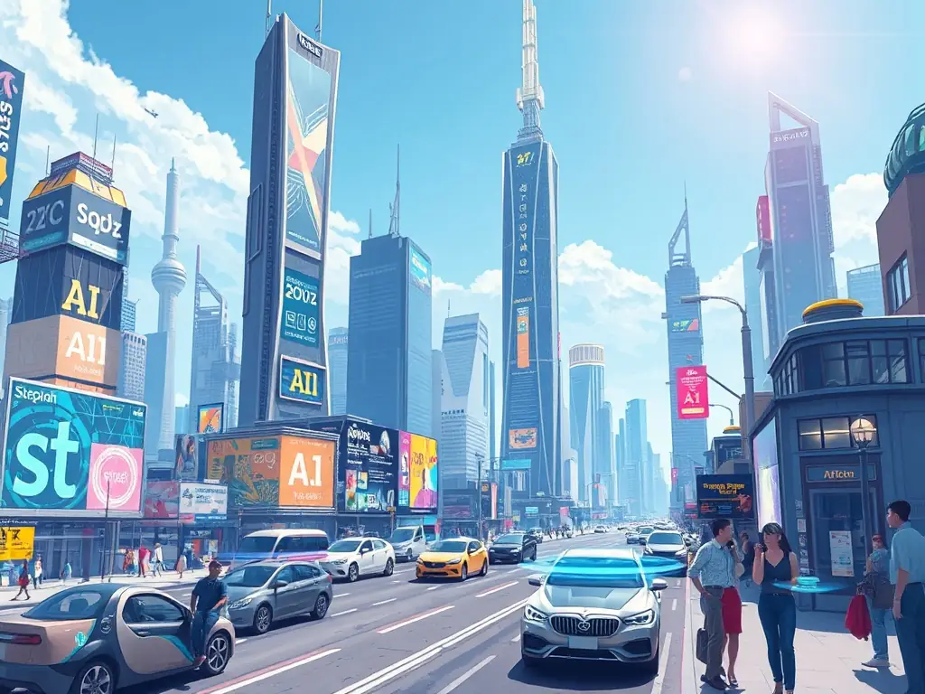 Futuristic cityscape with digital overlays illustrating AI technology.